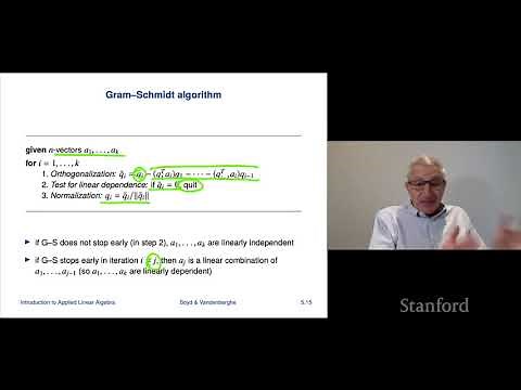 Stanford ENGR108: Introduction to Applied Linear Algebra | 2020 | Lecture 16-VMLS Gram Schmidt algo.