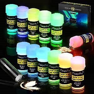 Magicfly Glow in The Dark Pigment Powder 12 Colors with UV Lamp, Luminous Powder Epoxy Resin Dye Powder, for Nail Art, Slime, Acrylic Paint, DIY Crafts, Theme Party, 20g/0.7oz Each(Total 8.4oz)