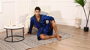 Watch Men's Satin Robe with Shorts Set Silky Long Sleeve Bathrobe on Amazon Live