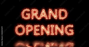 Grand Opening Fire Text With Dark Background And Reflective Floor. 4k Motion Graphic.