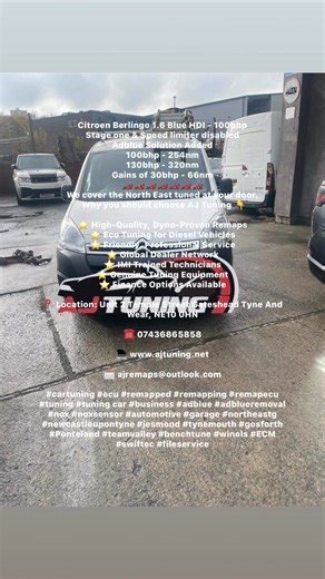 Citroen Berlingo 1.6 Blue HDI - 100bhp Stage one & Speed limiter disabled Adblue Solution Added 100bhp - 254nm 130bhp - 320nm Gains of 30bhp - 66nm 🏎️🏎️🏎️🏎️🏎️🏎️🏎️ We cover the North East tuned at your door. Why you should choose AJ Tuning 👇 ⭐️ High-Quality, Dyno-Proven Remaps ⭐️ Eco Tuning for Diesel Vehicles ⭐️ Friendly, Professional Service ⭐️ Global Dealer Network ⭐️ IMI Trained Technicians ⭐️ Genuine Tuning Equipment ⭐️ Finance Options Available 📍 Location: Unit 2 Temple Street Gate