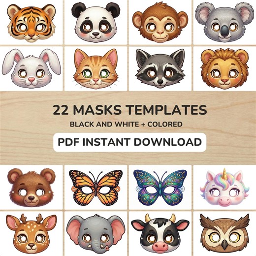 Printable Carnival & Party Masks for Kids | 23 Masks PDF | Coloring and Colored | Instant Download - Etsy