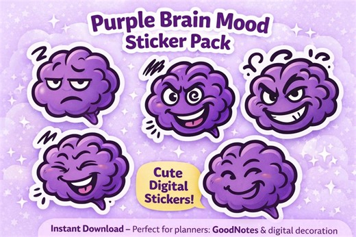 Purple Brain Funny Mood Stickers | Cute Digital Brain Stickers | Instant Download - Etsy