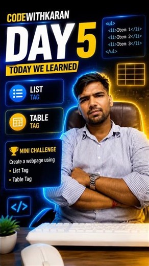 Day :05/45 Learn HTML List & Table Tags in 60 Seconds | Day 5 #CodeWithKaran