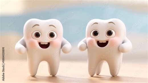 Two sibling tooth characters make silly faces and laugh. Joyful 3D animation for relatable family dental clinic content.