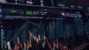 Stock market abstract finance background with motion graph, chart bars and financial information. Global business analyzing concept with trade statistics. Seamless loop.