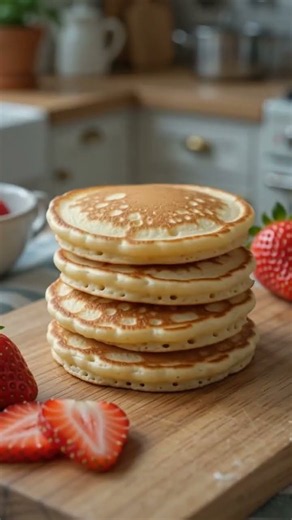 Fluffy homemade pancakes with fresh strawberries and chocolate #pancakerecipe