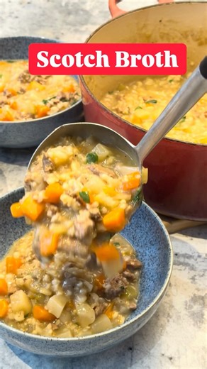 A proper, comforting Scotch Broth with hearty pinhead oatmeal for a thick stand-your-spoon-up soup.