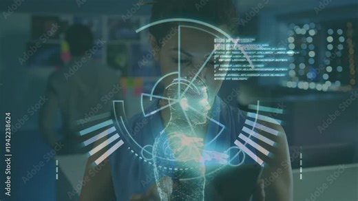 Woman tapping tablet and activating holo HUD, centering anatomy data over face for tech