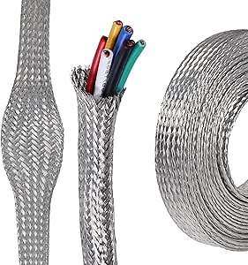 Tinned Copper Wire Shielding Sleeve, Expandable Ground Strap Wiring Braided Sleeving Metal Mesh Sheathing Cabling Wiring Protector (5/16inch - 12ft)