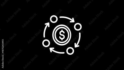 Animated cash flow icon with money and cycle animation. Outline style on a white background in 4K resolution.