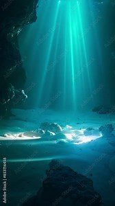 View of sun light from blue underwater ocean. Clear water, slow motion. Light filters down through blue water. Underwater sun rays in depth ocean. Underwater sun light shine under deep water with ripp