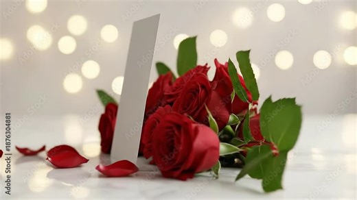 Blank white card mock up with red rose flowers and petals. Beautiful video for Valentine's Day or love message concept for a greeting slide show or romantic movie, wedding invitation and Women's Day.