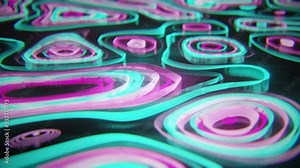 Abstract neon background of topographic map concept. Contour map. Valleys and mountains. Geography concept. Wavy backdrop. Space surface. magic neon light curved swirl line. Seamless loop 3d render