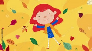 Leaf angels. Cute smiling cartoon girl making angel in autumn leaves with falling leaves surrounding her. 4K animation video motion graphics with background.