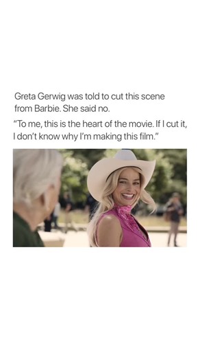 couples! 💫 on Instagram: "Barbie includes a brief but quietly powerful moment that nearly didn’t make it to the screen. In the scene, Barbie sits on a bench in the real world and shares a small exchange with an elderly woman, ultimately telling her, “You’re beautiful.” According to director Greta Gerwig, she was advised to cut the moment because it didn’t move the plot forward — advice she firmly rejected. Gerwig later explained that the scene represented the emotional core of the film, saying