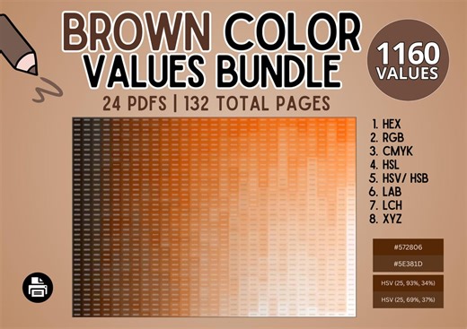 Brown Color Values Bundle: Hex, Rgb, Cmyk, Hsl, Hsv/ Hsb, Lab, Lch, Xyz | Printable Palette Chart, Shade Catalog, Color Swatch Library - Etsy UK