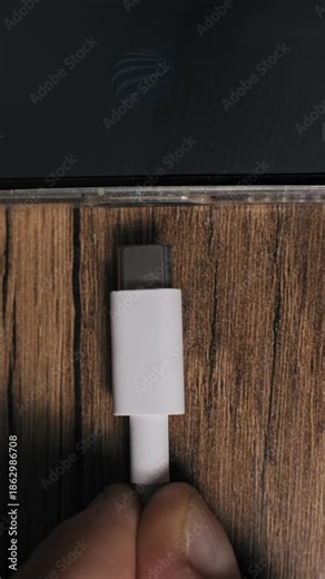 Vertical macro shot of a hand unplugging a white USB-C cord from a device port on a wood surface. The screen displays the charging status percentage as the gadget disconnects power.
