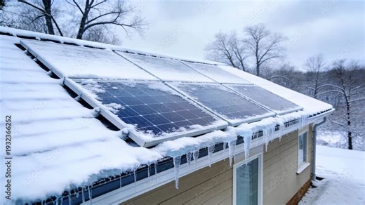 Solar panels covered in snow and ice on residential rooftop during winter for renewable energy cold weather performance and sustainable home power generation