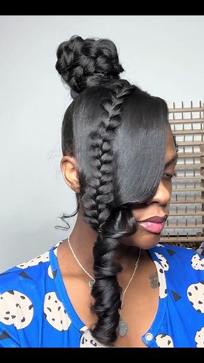 This came out so cuteeeee 😍 Butterfly Braid top knot bun with Side part bang. Full video on my youtube: KasiaMae Beauty #topknotbunbraidinghair #blackgirlhairtutorial #easyhairstyles