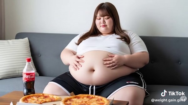 女の子がピザを食べ過ぎて太る様子