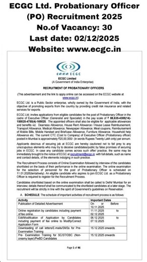 ECGC PO Recruitment 2025 No.of Vacancy: 30 Last date: 02/12/2025 More Details in Description 👇👇👇
