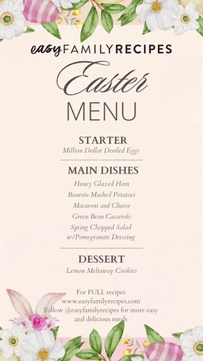 Hop into Easter with ease and flavor and our done-for-you-menu! 🐰🥕🐣 From savory main courses to a sweet treat, we've got you covered. 🍴😋 #EasyFamilyRecipes #EasyAndDelicious #EasterMenu #EasterDinner