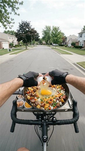 He Cooked a Full Breakfast Hash While Riding a Bike. This Looks INSANE! 🔥#CycleCooking #cheeseburger