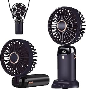 Portable Handheld Fan, 12 hours, Upgrade 3200mAh Portable Fan with LED Display, 90° Foldable, 5 Speed Wind,Hand Held/Neck/Desk 3 in 1 Personal Small Fans, Makeup Fans for Women (Dark Blue)
