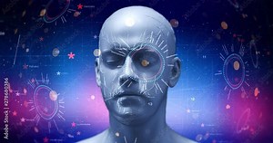 Advanced Bionic Robot Head Rotating Slowly With HUD Around - Technology Related 3D 4K Animation Concept