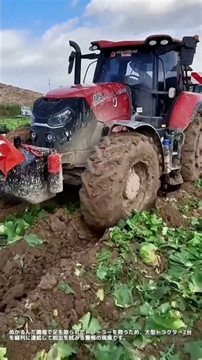 ぬかるみ地帯を連結突破！大型トラクター2台による強力牽引脱出劇