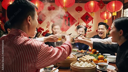 Chinese New Year Family Celebration - A multigenerational Asian family is gathered around a table filled with traditional food to celebrate Chinese New Year.