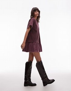 ASOS DESIGN cord hybrid t-shirt mini dress in washed cherry | ASOS