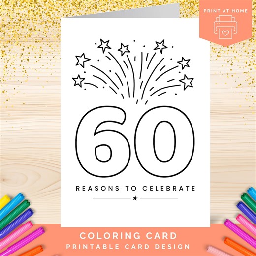 60th Birthday Coloring Card Printable, Milestone Birthday Card to Color, Diamond Wedding Anniversary or Business Celebration - Etsy Australia