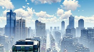 Rotating video of the modern high rise buildings skyscrapers skyline in the heart of abstract big city downtown at daytime. Realistic 3D animation rendered in 4K