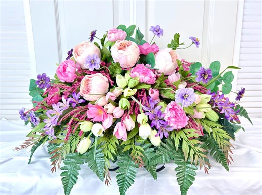 Spring Cemetery Arrangement, Pink Peony and Tulips Memorial Flowers, Headstone Saddle, Grave Topper - Etsy