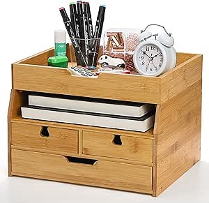 ZENFUN 4-Tier Bamboo Desk Organizer with Drawers, Original Bamboo Desktop Organizer Multifunctional Desktop File Organizer Letter Tray Holder for Home Office Supplies（Assembly Required