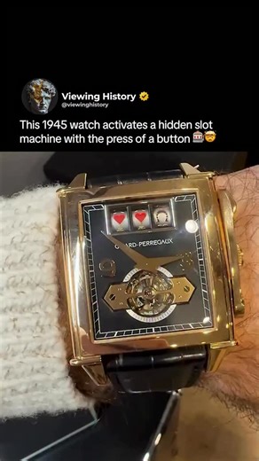 @viewinghistory on Instagram: "The Girard‑Perregaux Vintage 1945 Jackpot Tourbillon is one of the most unusual high-end watches ever created. Housed in the brand’s signature curved rectangular case, it features a fully mechanical slot-machine complication hidden inside the dial. At the press of a button, tiny spinning reels come to life, powered entirely by traditional watchmaking mechanics — no electronics, no shortcuts. Alongside the novelty sits a serious tourbillon, reminding you this isn’t