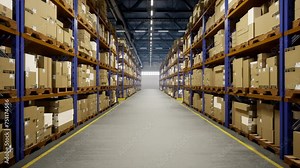 Industrial warehouse filled with storage boxes labeled for shipment, distribution center storing cargo for import export industry. Merchandise with air waybill tracking numbers. 3d render animation.