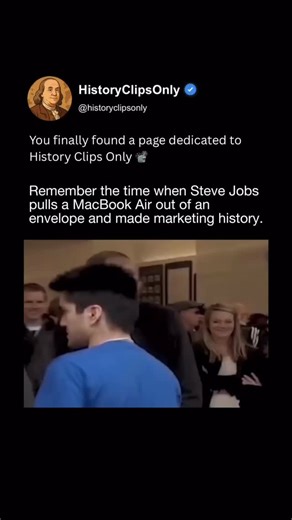 History Clips Only on Instagram: "Onstage, Steve Jobs quietly held a manila envelope, teasing the audience before revealing a laptop impossibly thin. When he slid the MacBook Air out, the crowd gasped. The gesture instantly communicated innovation, simplicity, and confidence, proving that presentation can define perception as powerfully as specifications ever could in modern technology. It became a masterclass in marketing, showing how a single visual moment can eclipse technical charts and data