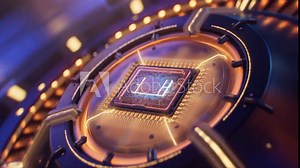 Beautiful Animation of Futuristic Microchip that Activating and Powering up Complex Device. Turbine or Engine Starts and Glows with Orange Light. Advanced Chip inside Powerful High Performance Machine