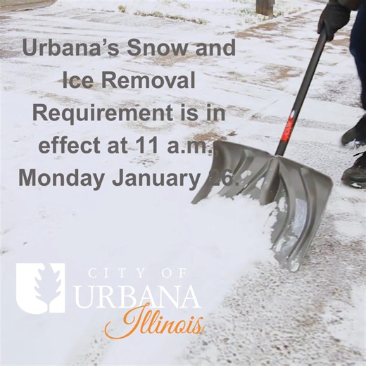 At 11 a.m., Monday, January 26, 2026, the City of #Urbana will declare the sidewalk snow and ice removal requirement in effect for the Downtown, University, and South Philo Road snow removal districts. Please go here for more information: https://www.urbanail.gov/public-works/page/urbana-sidewalk-snow-removal-requirement-effect. #KeepingUsafe #Here2ServeU | Urbana, Illinois - City Government