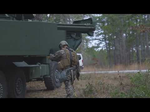 M142 HIMARS three-person crew reloading rocket pod