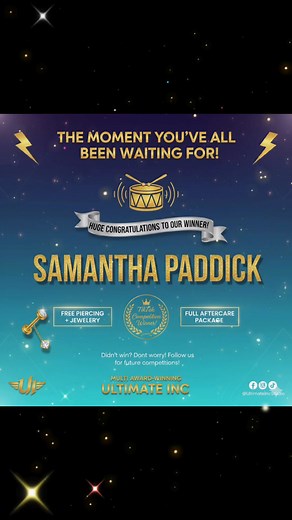 You’ve All Been Waiting For ! Please join us in giving a huge round of applause and congratulations to Samantha Paddick, the deserving winner of our latest TikTok competition! Samantha is walking away with a FREE piercing, jewellery, and full aftercare! Enjoy your new sparkle! Didn't win this time? Don't worry! As the multi award-winning Ultimate Inc Tattoo & Piercing Studio, we love treating our amazing customers. Make sure you're following us closely—you won't want to miss our future competiti