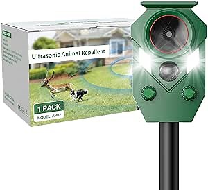 Solar Ultrasonic Animal Repeller Outdoor – Motion Sensor Activated Deer Repellent with Flashing Lights & Sound, IP65 Waterproof, Deterrent for Cats, Dogs, Raccoons, Skunks, Birds