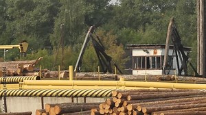 At The Woodworking Plant, The Robot Beam Carries Tree Trunks .Huge warehouses for wood processing.