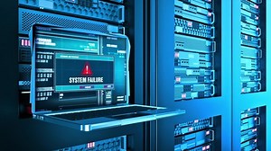System Failure Warning Error Alert Text on Computer Screen Entering Login And Password on server racks data center room Internet. Concept of problem with hardware or with operating. 3D Illustration