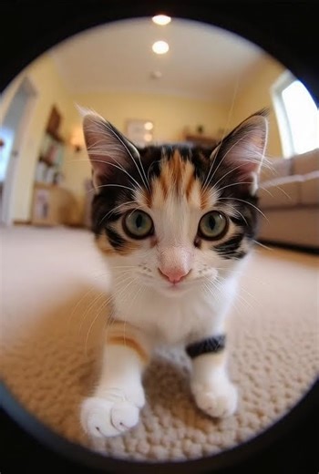 “Cute Calico Kitten Close-Up | Adorable Fisheye Cat Face | Ultra Realistic Kitten Video”