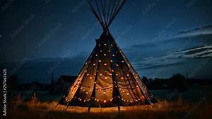 Traditional indian teepee in the field at night with starry sky, Native american indian teepee at night with starry sky, AI Generated