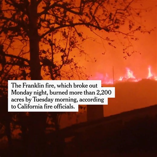 A fast-spreading wildfire in Malibu, California, forced evacuations Tuesday morning along the Pacific coastline near Los Angeles. The Franklin fire burned more than 2,200 acres overnight, according to California fire officials, and leaped across the Pacific Coast Highway, threatening the iconic Malibu pier. https://nyti.ms/4g1W1Oe | The New York Times